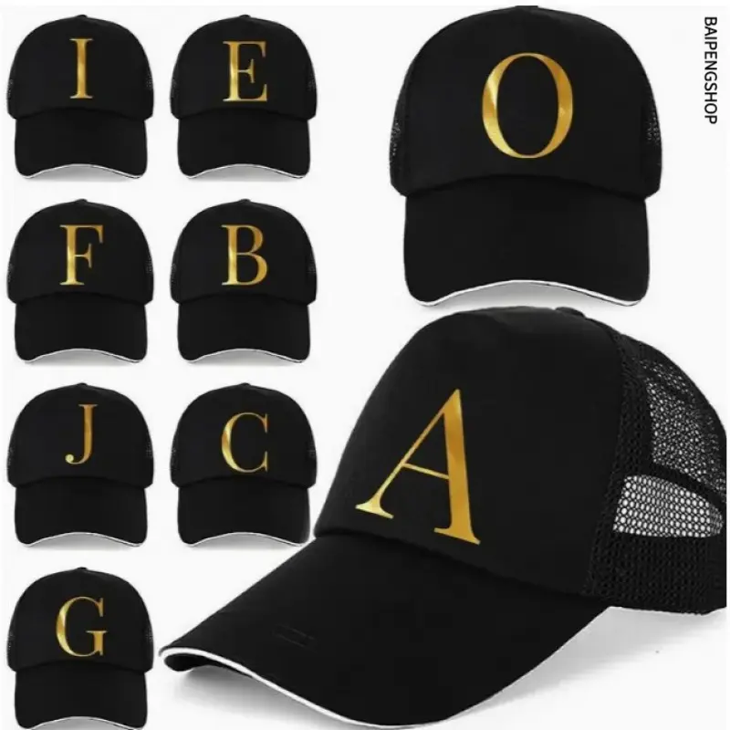Unisex Mesh-Back Dad Cap c8 c10 c5 c6 c9 - Gold A-Z Letter Print Polyester Hip Hop Baseball Hat, Adjustable, Lightweight, Breathable, Quick-Dry, Durable Casual Headwear for Outdoor Sports, Daily Wear