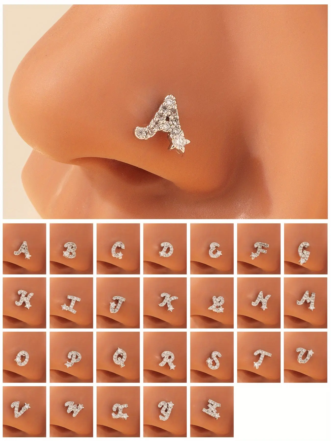 A Trendy And Stylish Nose Stud With All 26 English Letters Inlaid With Zirconia On A Copper Rod, Exuding Charm And Individuality.
