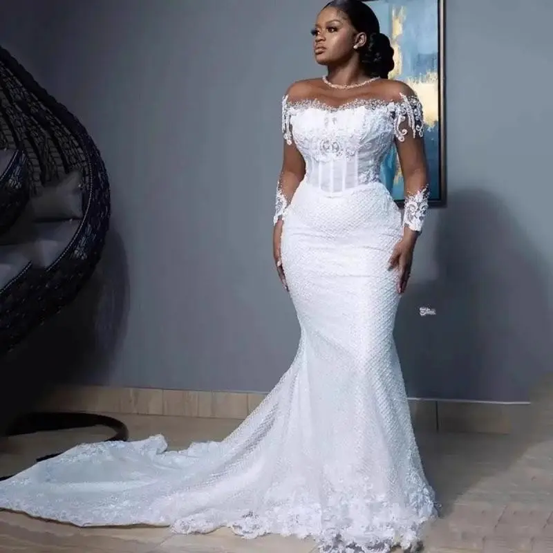 2025 New Mermaid Wedding Dress Elegant White Off Shoulder Waist Cinching Train Bridal Gown Summer Lace Minimalist Bridal Wear...........