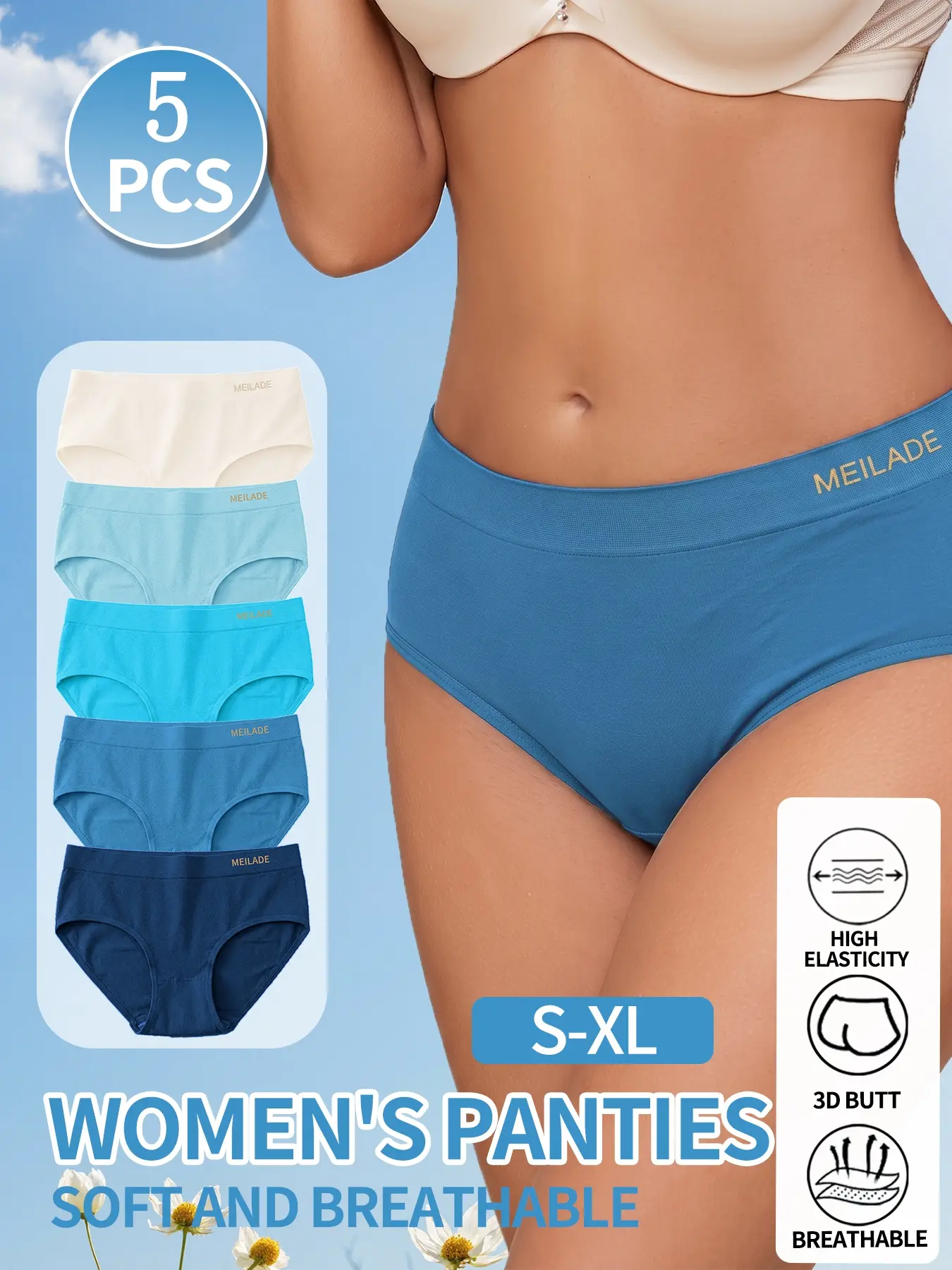 5-pack seamless panties, mid-waist women's underwear, hip-lifting high-elasticity panties, comfortable and breathable women's lingerie, women's flat-abs wrapping panties, Everyday Wear Panties