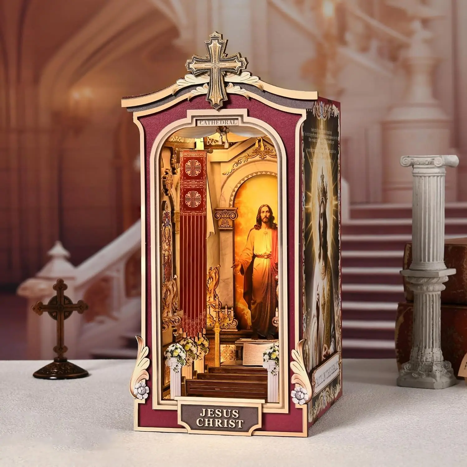 Book Nook Kit, Simple Booknook Bookend, Miniature Dollhouse House Kit | DIY 3D Wooden Puzzle for Beginner, Model Building with LED Light and Dust Cover,Jesus Christ Church Cathedral, Protective Dust Cover