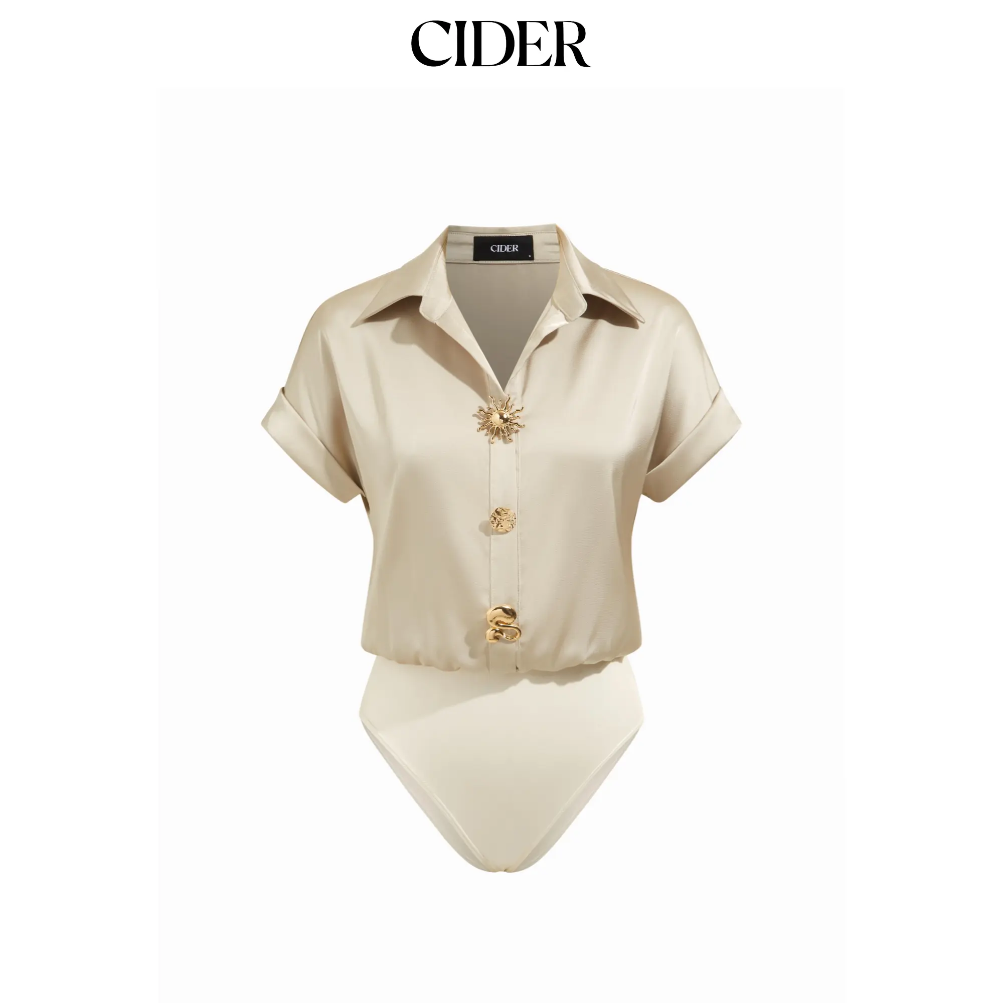 Cider Satin Collar Short Sleeve Metal Detail Blouse Bodysuit Casual Shortsleeve