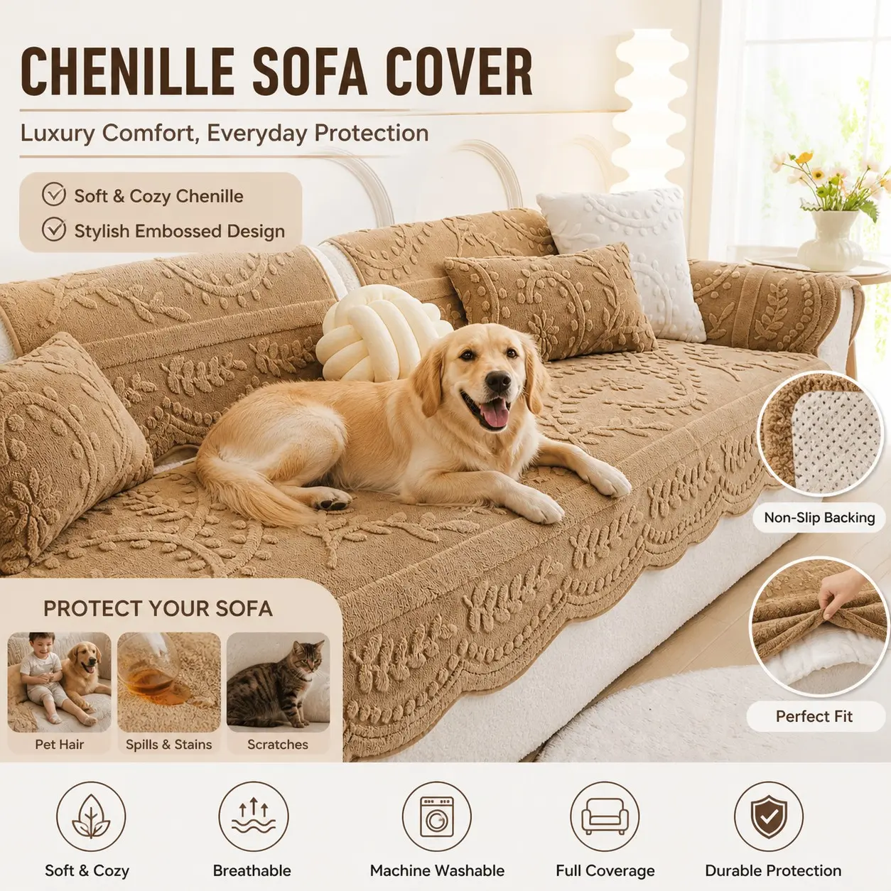 French Cream Style Leather Sofa Pad, Thick Plush Seat Cushion for Fall Winter 2026, All-Season Pet-Friendly, Contemporary Design
