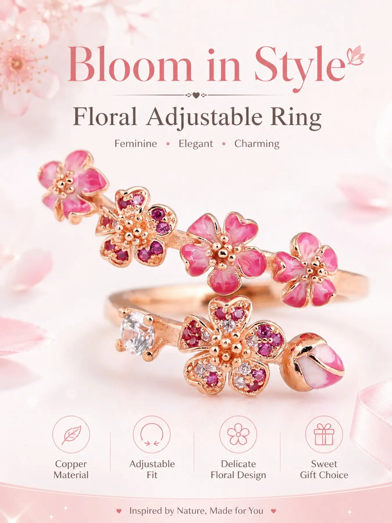 Floral Adjustable Ring for Women, Pink Flower Fashion Ring, Bohemian Fashion Ring, Copper Tone Delicate Blossom Jewelry, Feminine Daily Wear Ring, Elegant Fashion Rings