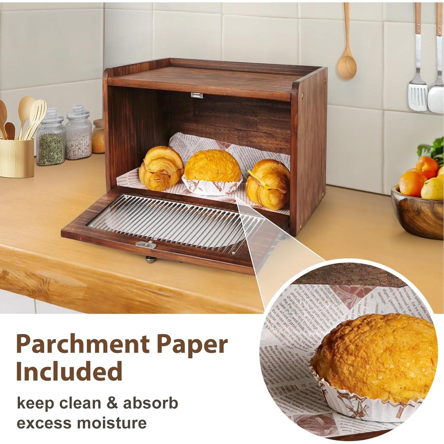 Bread Box for Kitchen Countertop Storage Wooden Breadbox Holder Container Morden Rustic Fresh Bread Keeper Farmhouse Stackable Organizer Bin for Homemade  Shelf  Window (Brown)