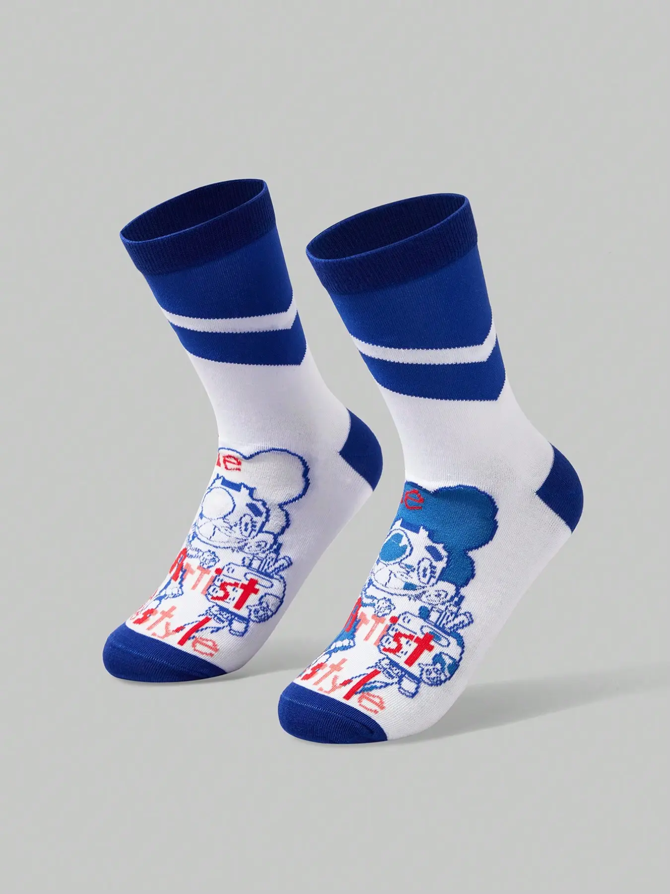 5 Pairs American Anime Print Long Socks, Blue Stripes, Unique Graffiti, Breathable, Trendy Mid-Calf Socks for Students
