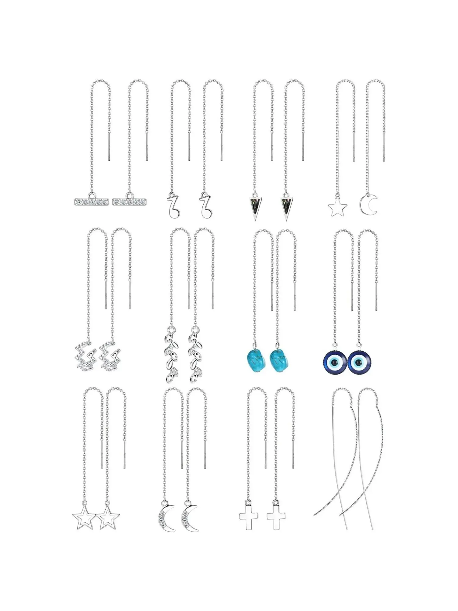 Versatile 12 Pairs Silvery Long Chain Threader Earrings Fashionable Copper Lightweight Chain Wave Ear Cuffs for Women Men Crawler Earrings Set Minimalist Chain Earrings Set Ear Studs Earrings Jewelry