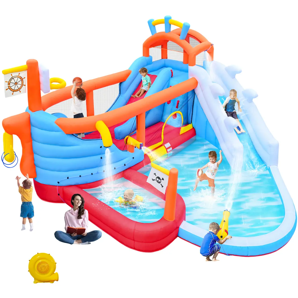 9-in-1 Inflatable Water Park for Kids, Outdoor Bouncy Castle with Dual Slides, Climbing Wall, Splash Pool, Basketball Hoop, and Water Guns