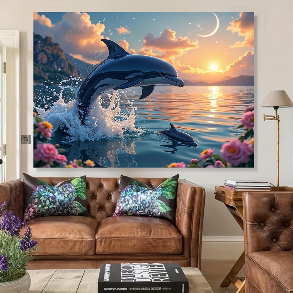 1pc Vibrant Dolphin Sunset Polyester Backdrop, Multipurpose Tapestry for Living Room, Bedroom, Office & Home Decor, No Electricity Needed, Perfect for General Celebrations & Seasonal Party Decor, Dolphin Decor
