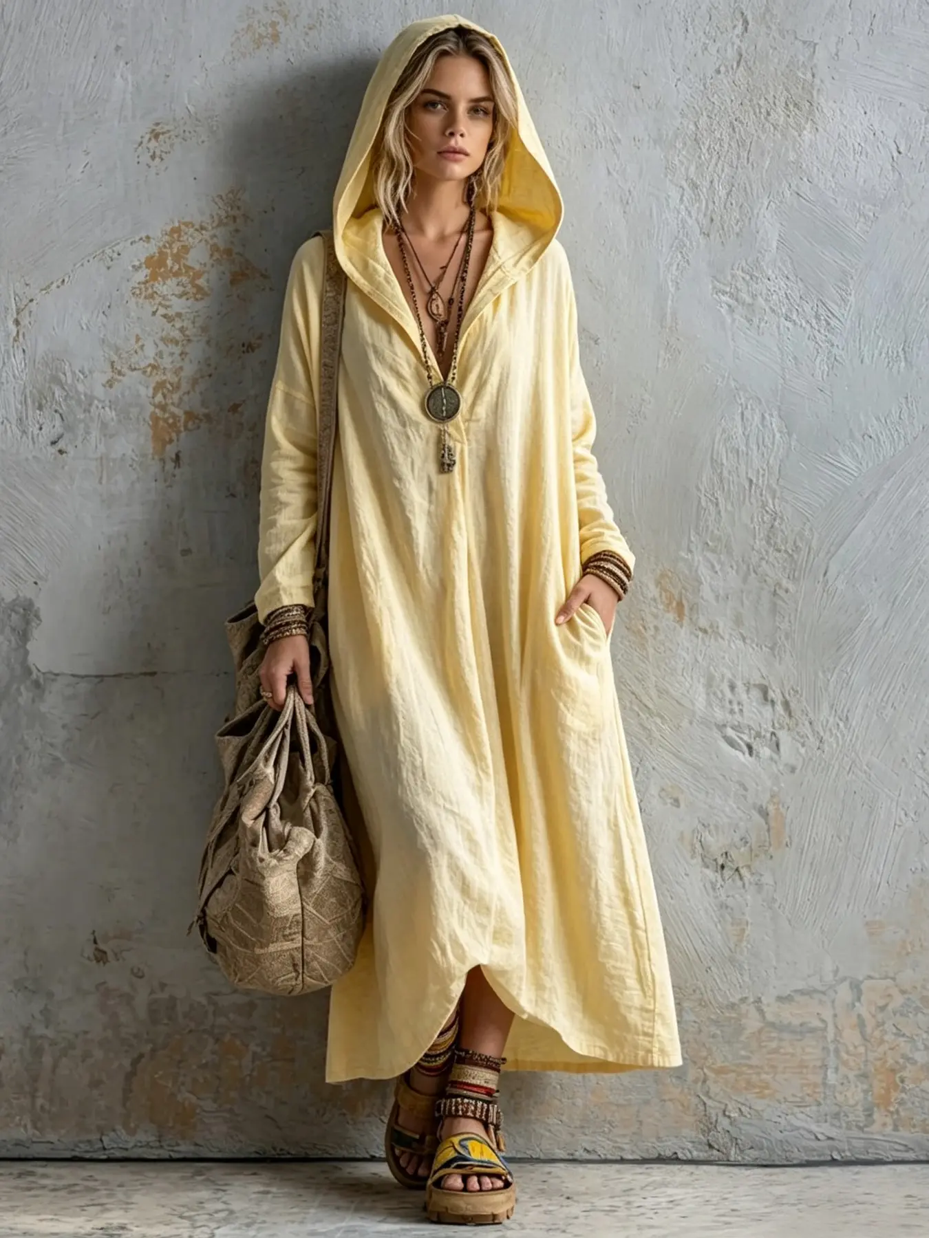 2026 New Fall Women's Fashion Loose Fit Casual Dress with Pockets, V Neck Long Sleeve Hoodie, Elegant Simple Style Design for Work and Vacation