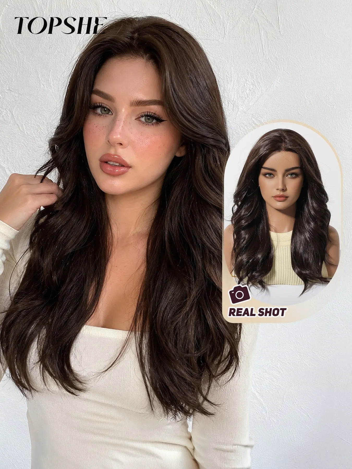 Topshe Long Wavy Synthetic Wig, Chocolate, 22 Inches, Middle Part, Heat Resistant, Realistic Scalp, Women's Spring Summer Style