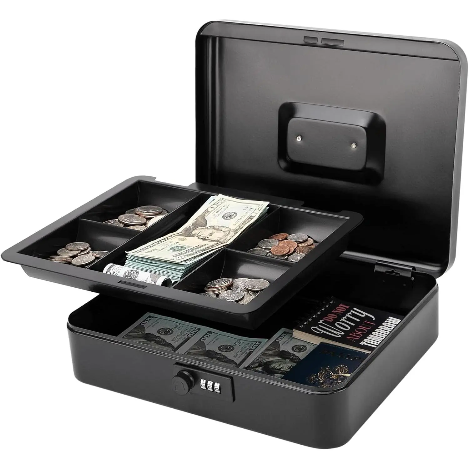 X- Large  Box with Combination Lock - Durable Metal  Box with  Tray, Black, 11.81 x 9.84 x 3.46 inches, CB0701XLN