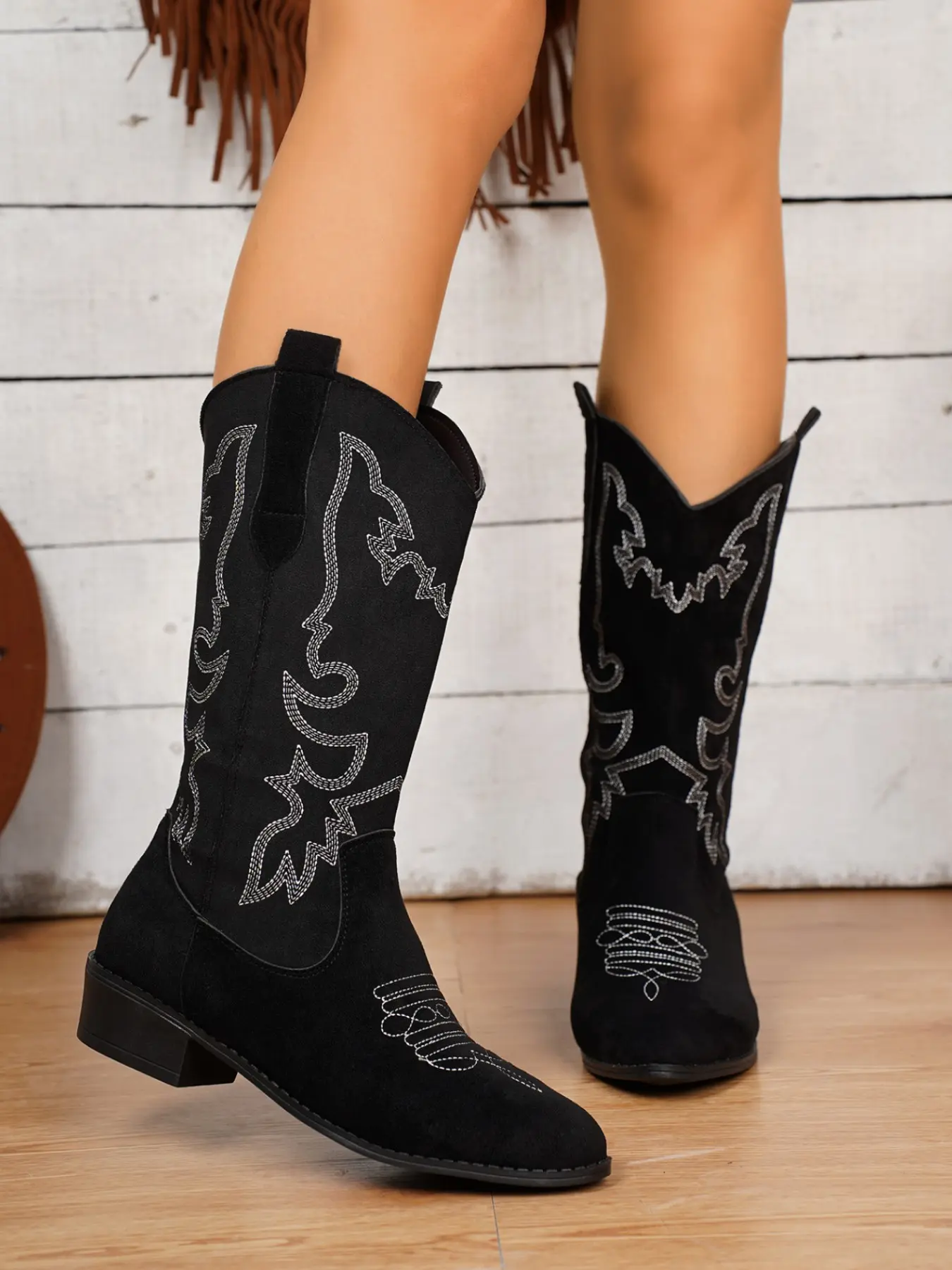American Vintage Embroidered Western Cowboy Boots, Women's Pointed Toe Thick Heel Mid-Calf Knight Boots, Retro Colorblock Floral High Calf Boots