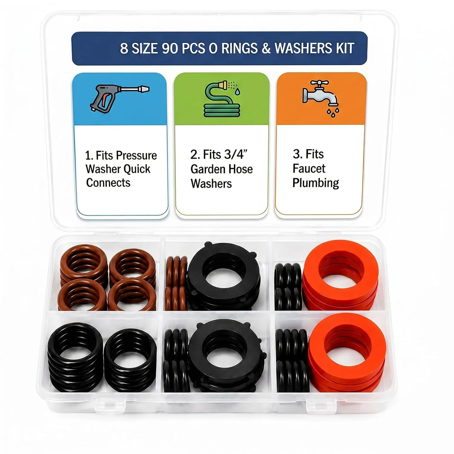Rubber Garden Hose Washers, for Quick Couplers & Water Hose, 90 count 8 Sizes |  hose gaskets, Fits 1/4" 3/8" & M22  Washer Fittings, for  Wands, Nozzle Tips, Shower Heads