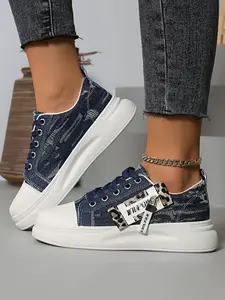 Vintage Ripped Denim Leopard Print Thick Sole Canvas Shoes for Women, Unique Style, Height-Boosting Platform Sneakers, Casual Formal Shoes