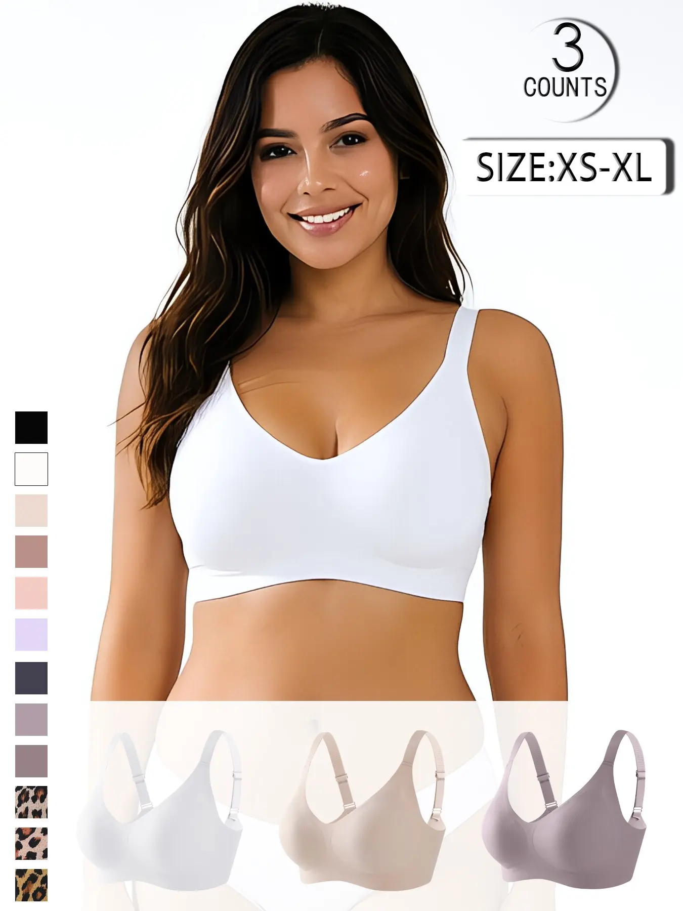 3 pieces/12 colors available; Daily seamless wireless women's bra; with padding and adjustable straps; comfortable and skin-friendly; casual/party/comm/sports bra; 4-row 3-hook design; sizes XS-XL; solid color pairs well with T-shirts; seamless bra.