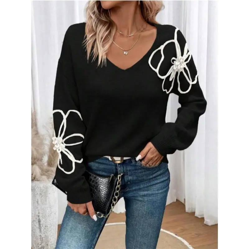 【Plus Size】 Floral Design Sweater, Casual Long Sleeve V Neck Jumper for Fall & Winter, Women's Plus Clothing for Daily Wear