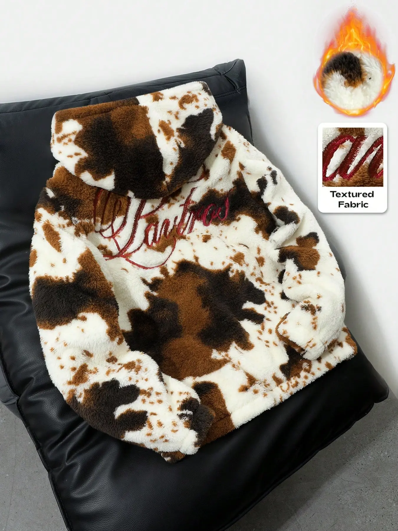 Unisex Cow Print Hoodie, Plush Thick Warm Fleece Sweatshirt, Back Letter Embroidery, Western Style Y2K Streetwear, Fall Winter Daily Wear