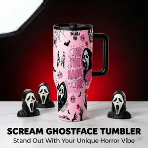 1pcs 40oz Pink Ghostface Scream Tumbler With Handle & Straw, No You Hang Up Halloween Horror Insulated Travel Mug, Cute Spooky Stainless Steel Coffee Cup Gift For Horror Movie Lovers