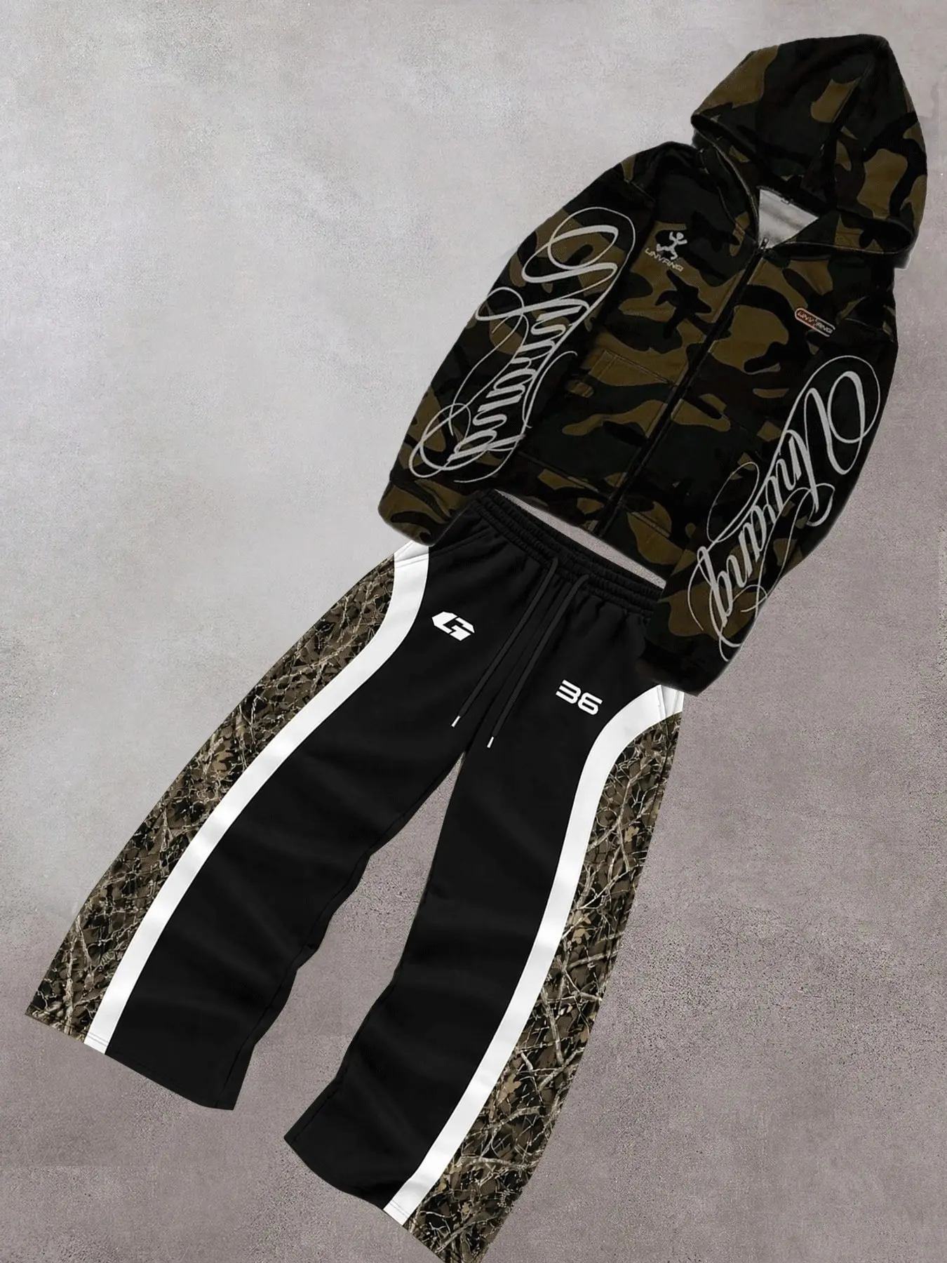 Men 2 Piece Tracksuit Matching Set, Camo Full Zip Hooded Jacket with Cursive Script Print & Side Leaf Camo Panel Wide Leg Sweatpants Hip Hop Streetwear Sweatsuit Outfit