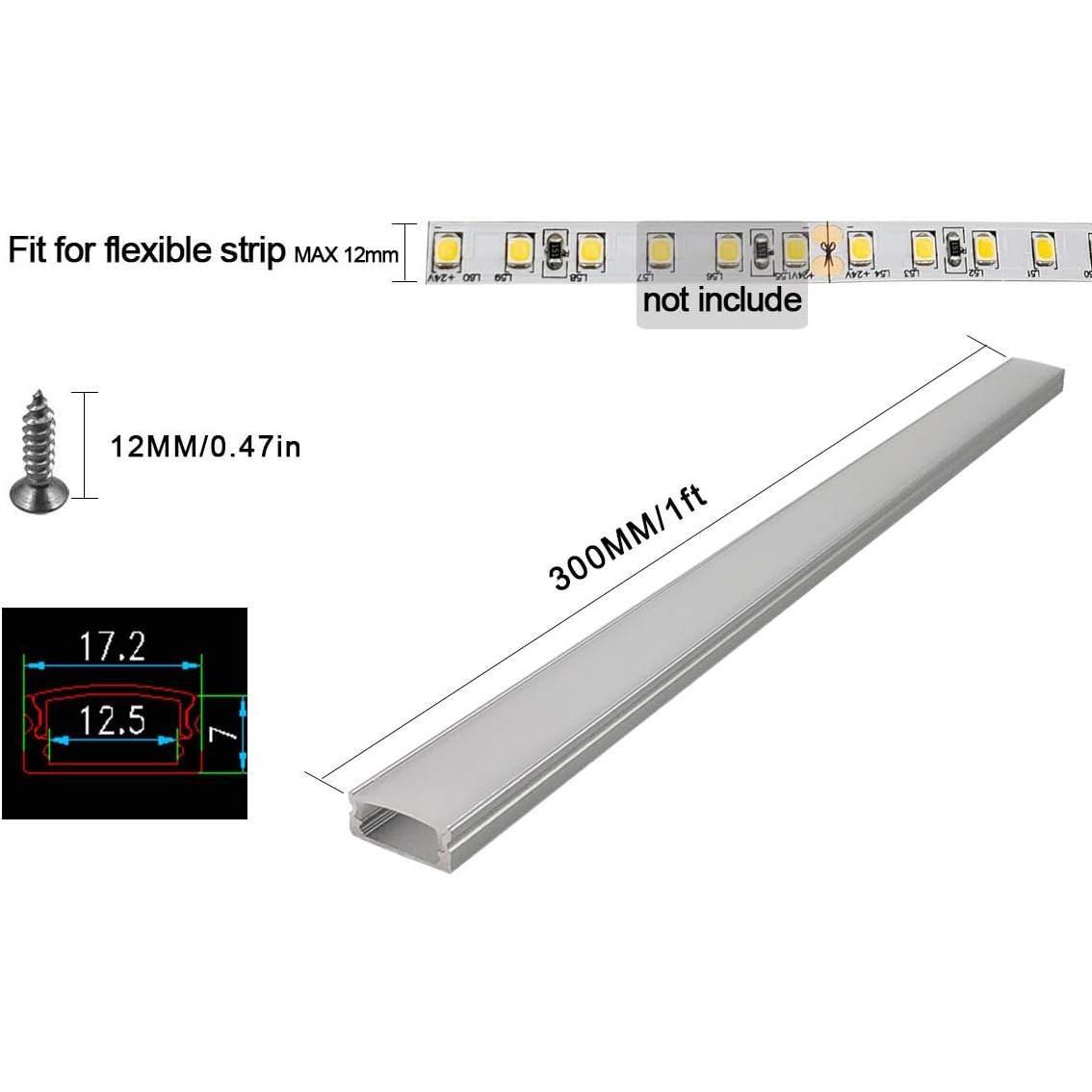 6-Pack 30cm/1ft 17.2x7mm Led Aluminum  System U Shape with Cover, Led Strip Light Diffuser with White End Caps and Mounting Clips Accessories for Under Counter Light Fixture for Indoor