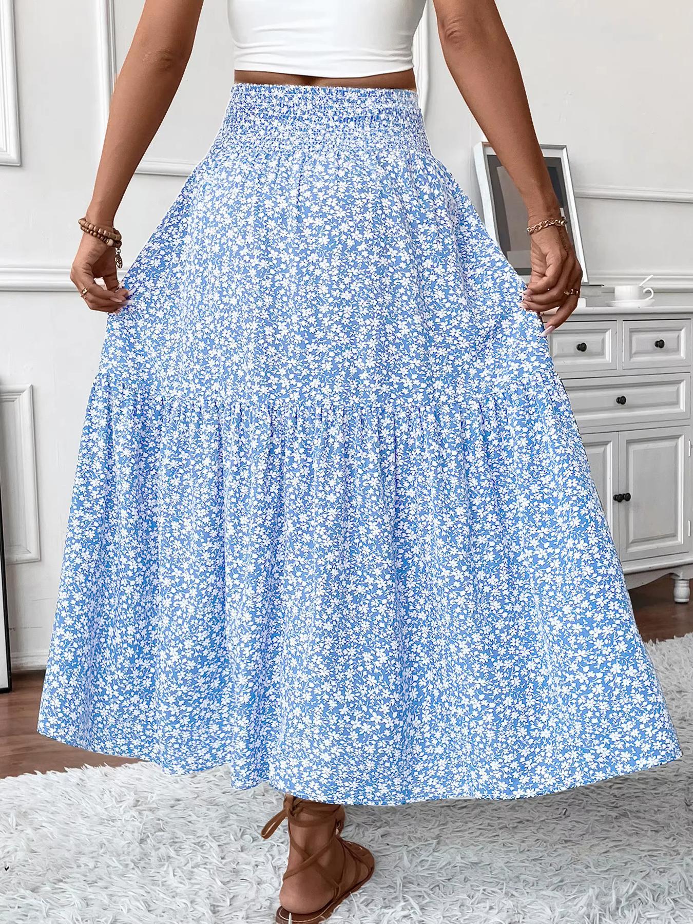 Women's Ditsy Floral Print A Line Ruffle Hem Skirt, Boho Fashion Casual Skirt for Daily Holiday Vacation Wear, Ladies Bottoms for Summer