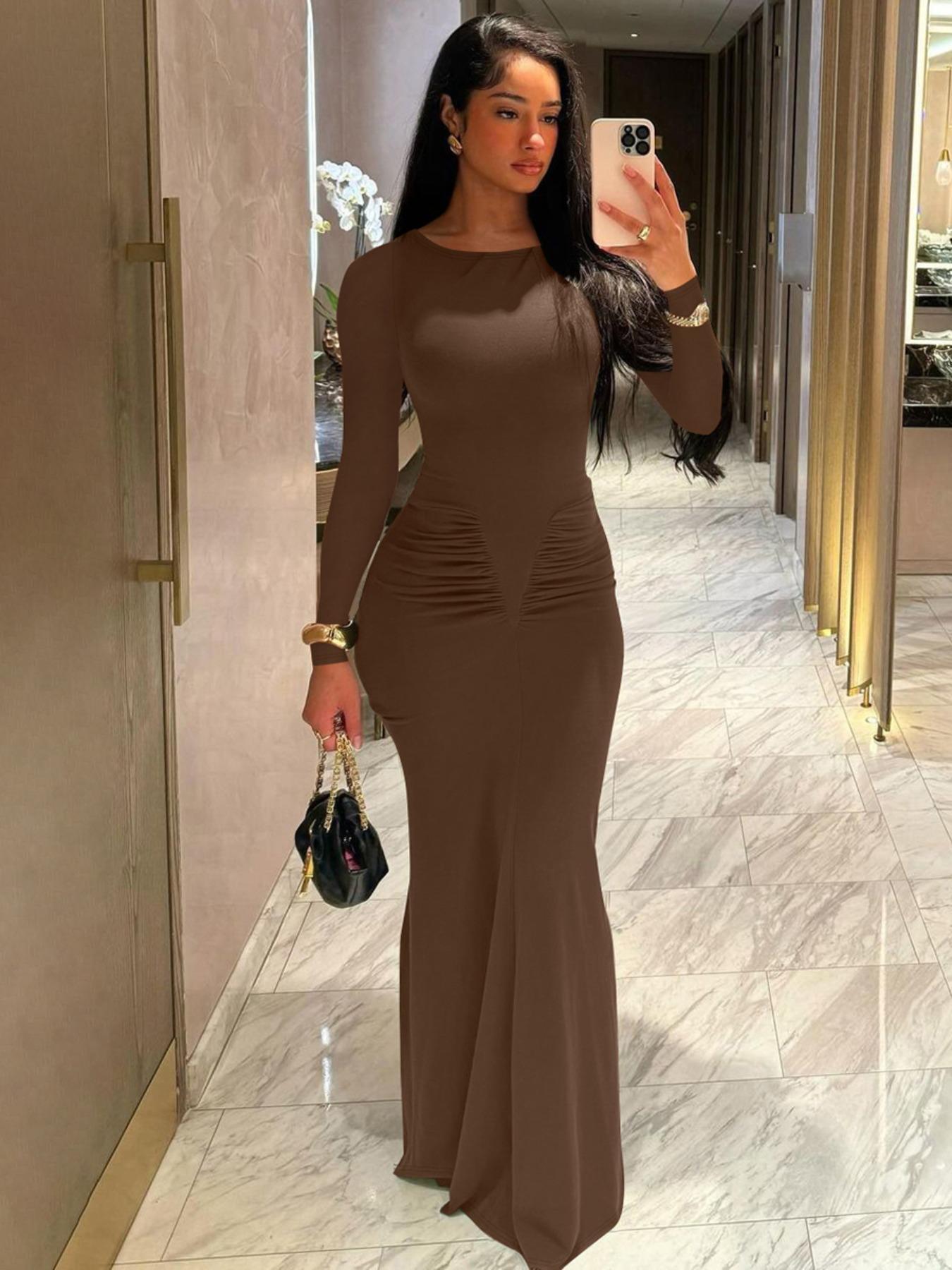 Women's Elegant Ruched Long Sleeve Bodycon Long Dress, Solid Color Party Club Dating Dress for Women