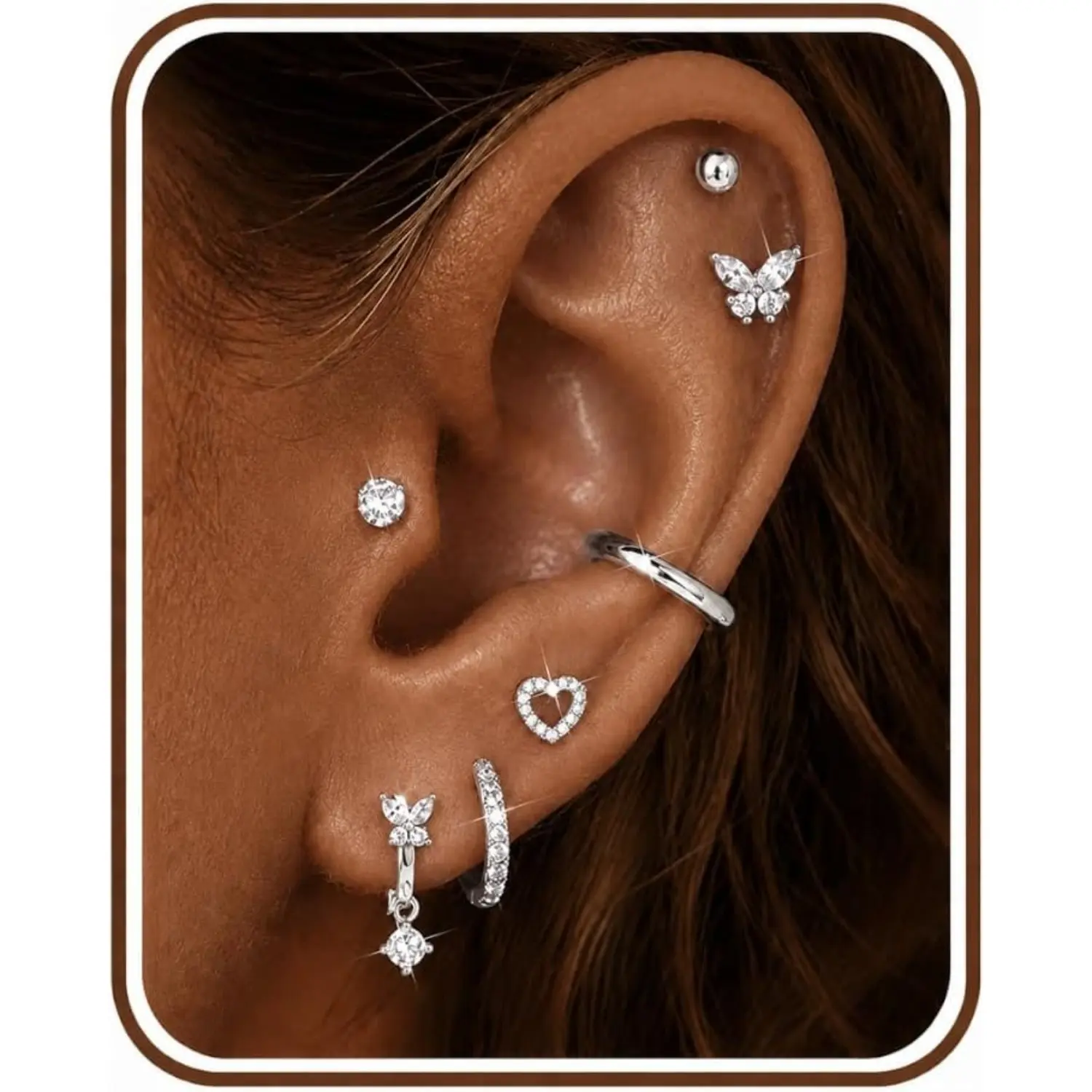 Fansilver 7 Pairs Flat Back Stud Hoop Earrings for Women 14K Plated Gold Stainless Steel Stud & Huggie Set for Sensitive Ears,Heart Ball Butterfly Cartilage Earring Stacks