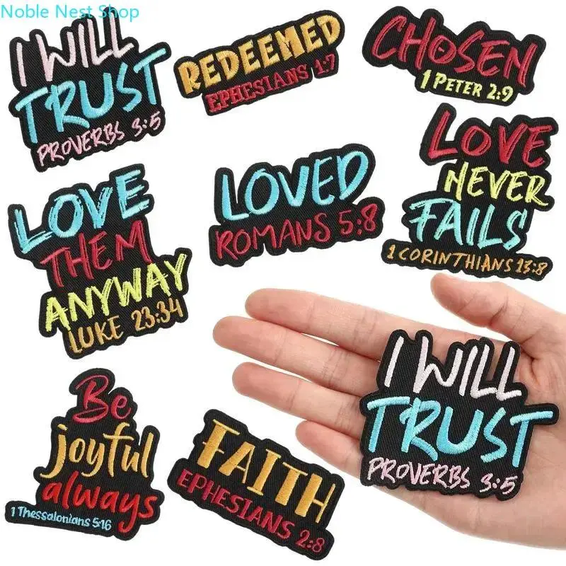 8/9-Piece Christian Bible Verse Embroidered Patches, 3in Geometric Lettered Iron & Sew-On Appliques, DIY Craft Supply for Girls’ Fall Hats, Jackets & Clothing Accessories