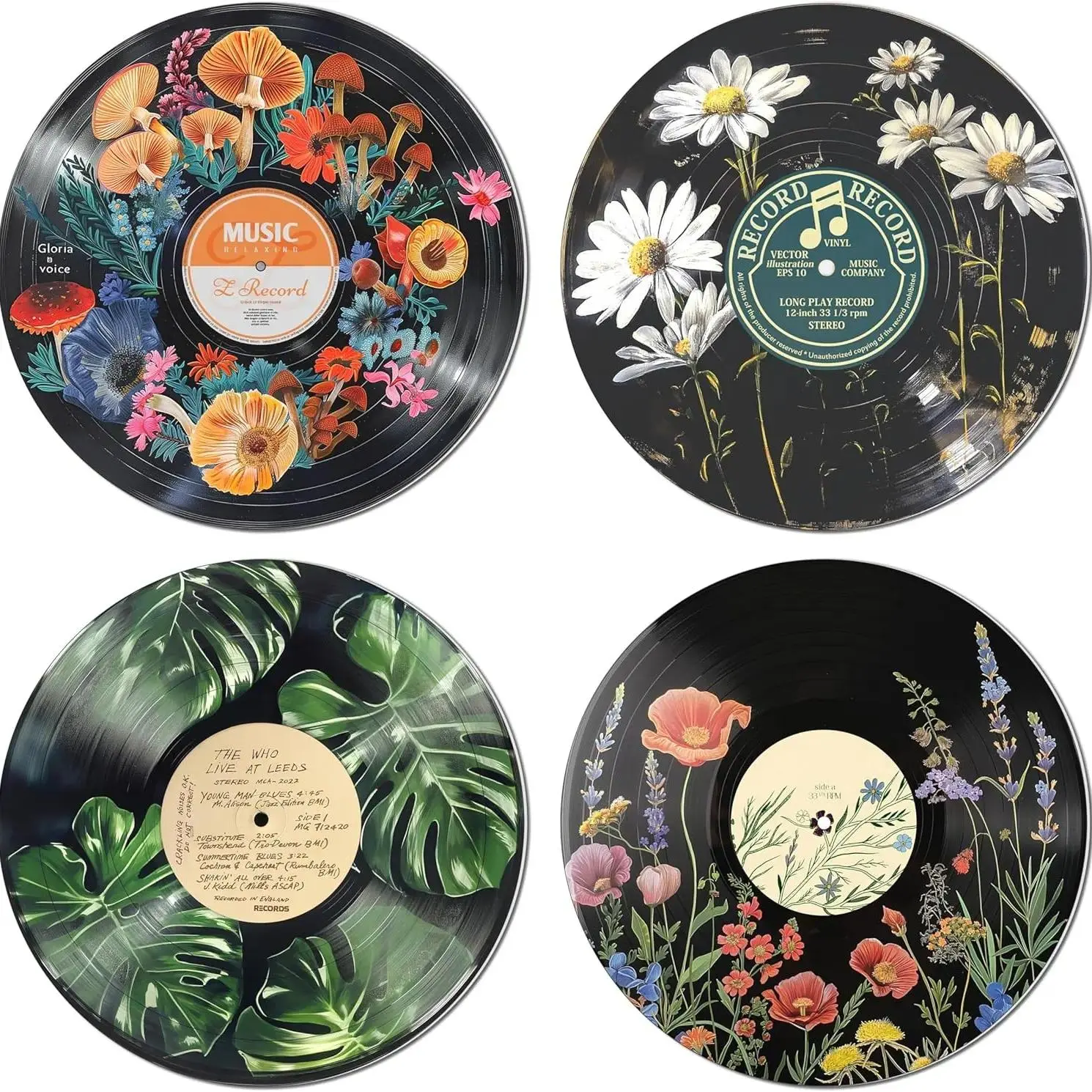 Retro Boho 4-Piece Vinyl Record Wall Art Set - Wooden Panels with Colorful Tropical Leaf, Nature Designs, Round, Lightweight, Whimsical Room Decor for Bedroom, Living Room Decoration, Home Decor Items, Unique Decor