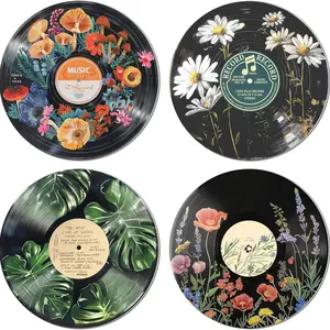 4PC Hippie Style Wooden Wall Art Set for Bedroom, Living Room and Dorm Decor, 4 Piece Plant and Record Theme Wall Panels, Creative Aesthetic Hanging Artwork, Retro Boho Home Interior Decoration