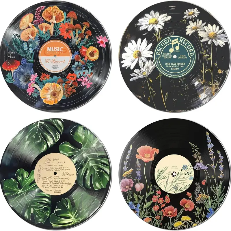 4-Piece Retro Boho Vinyl Record Wall Art Set - Wooden Round Panels, Colorful Tropical Leaf & Nature Designs, Lightweight Whimsical Aesthetic Unique Room Decor for Living Room Bedroom