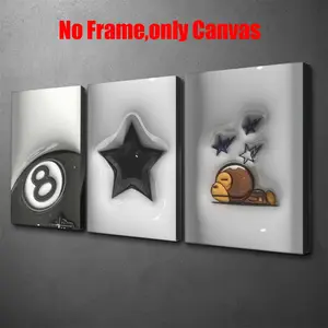 3pc-Hypebeast Wall Art, Black Star and 8 Ball Poster, Street Pop Art Printing, White and Black Canvas Material Decoration, Aesthetic Design, Living Room & Bedroom Aesthetic, Perfect Gift For Billiards Lovers, Unframed.