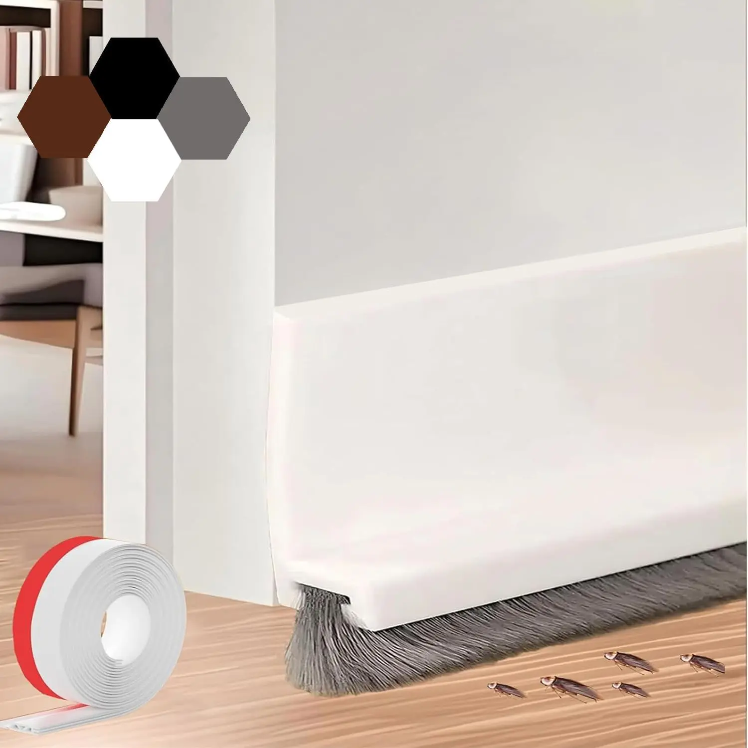 39-inch Door Draft Stopper with Brush - Adhesive Weather Stripping Seal for Exterior/Interior Doors | Under Door Sweep Blocks Drafts, Noise & Dust | Fits 1/4"-1" Gaps(White)