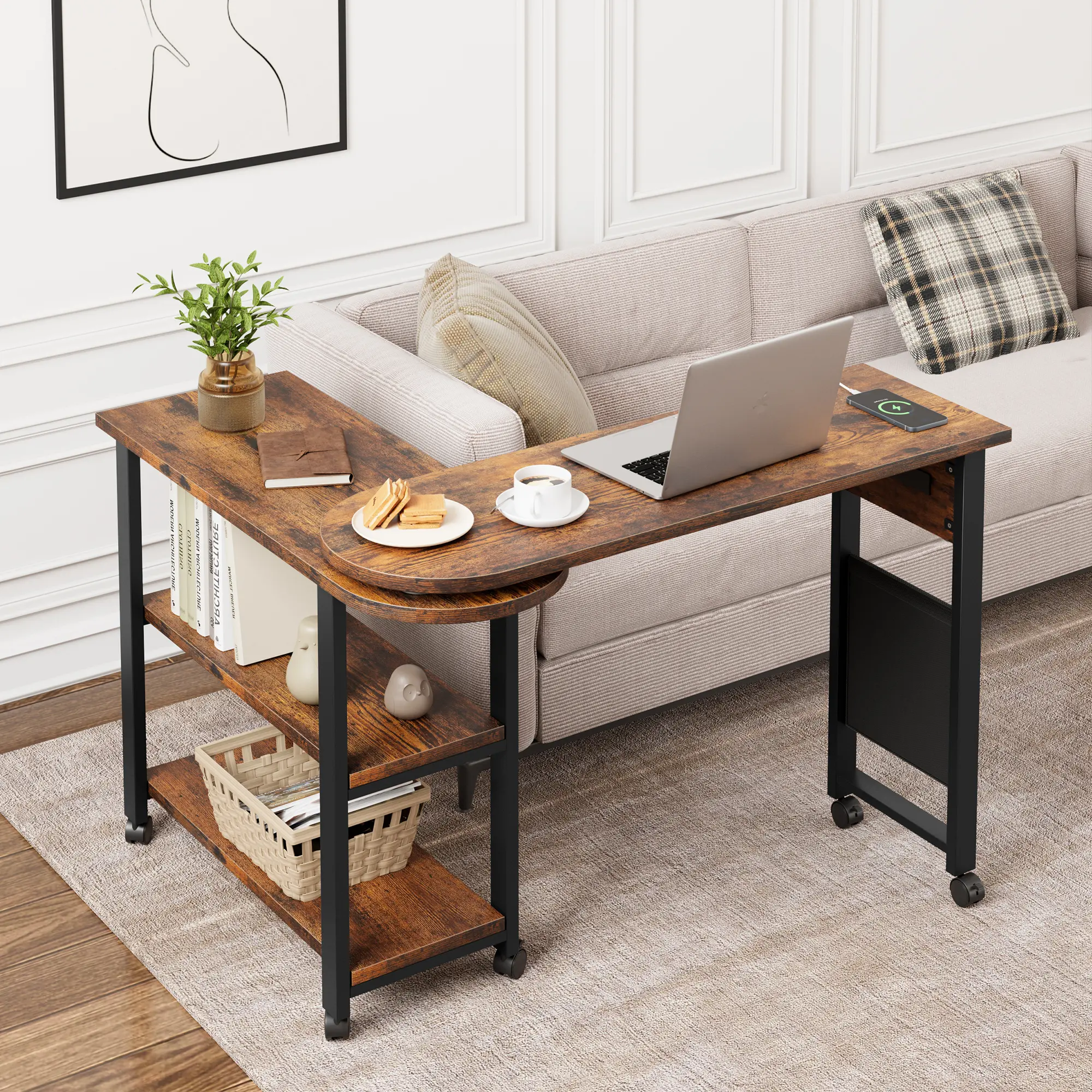 Garvee 360° Swivel Rolling Table with Swivel Base & Charging Station (Outlets, Charging Ports) - Hidden 2-Tier Storage, Side Pocket, 6 Lockable Casters - Modern Side Table for Living Room, Bedroom, Office, Mobile Sofa Laptop Desk