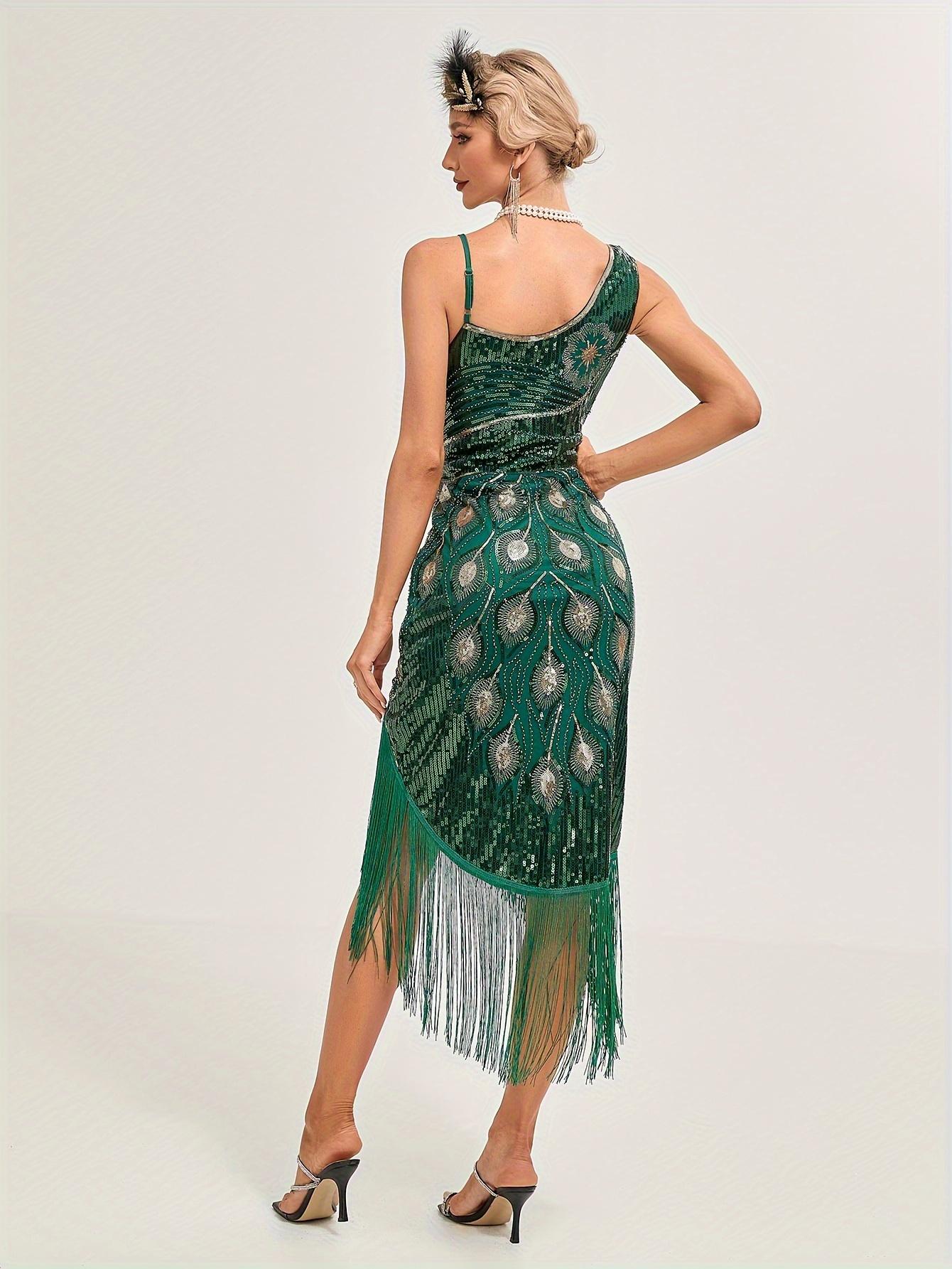 Sequined Fringe Hem Flapper Dress, Vintage Sleeveless Bodycon Dress For Party & Banquet, Women's Clothing