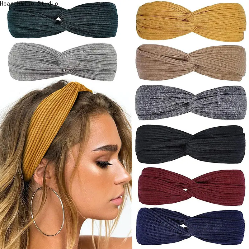 Women's Elastic Ribbed Knitted Wrap Headbands - Twisted Sweatband, Soft Non-Slip Hair Accessories for Running, Yoga, Daily Wear (Elastic Band for Running Wear)
