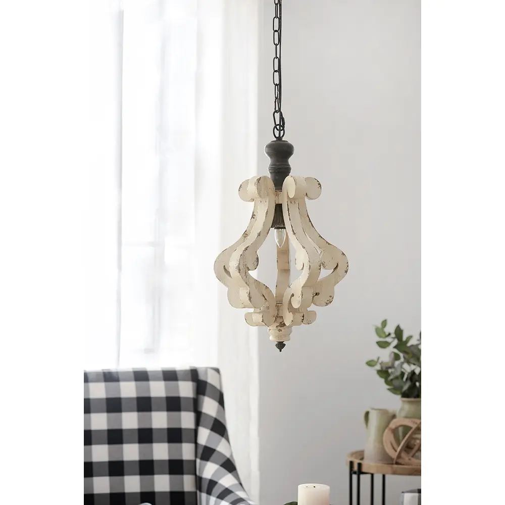 Nokaa Farmhouse Pendant Light Antique Cream Wood Chandelier for Living Room Foyer Dining Room Kitchen Island, Bulb Not Included, E26 Base, Single Pack