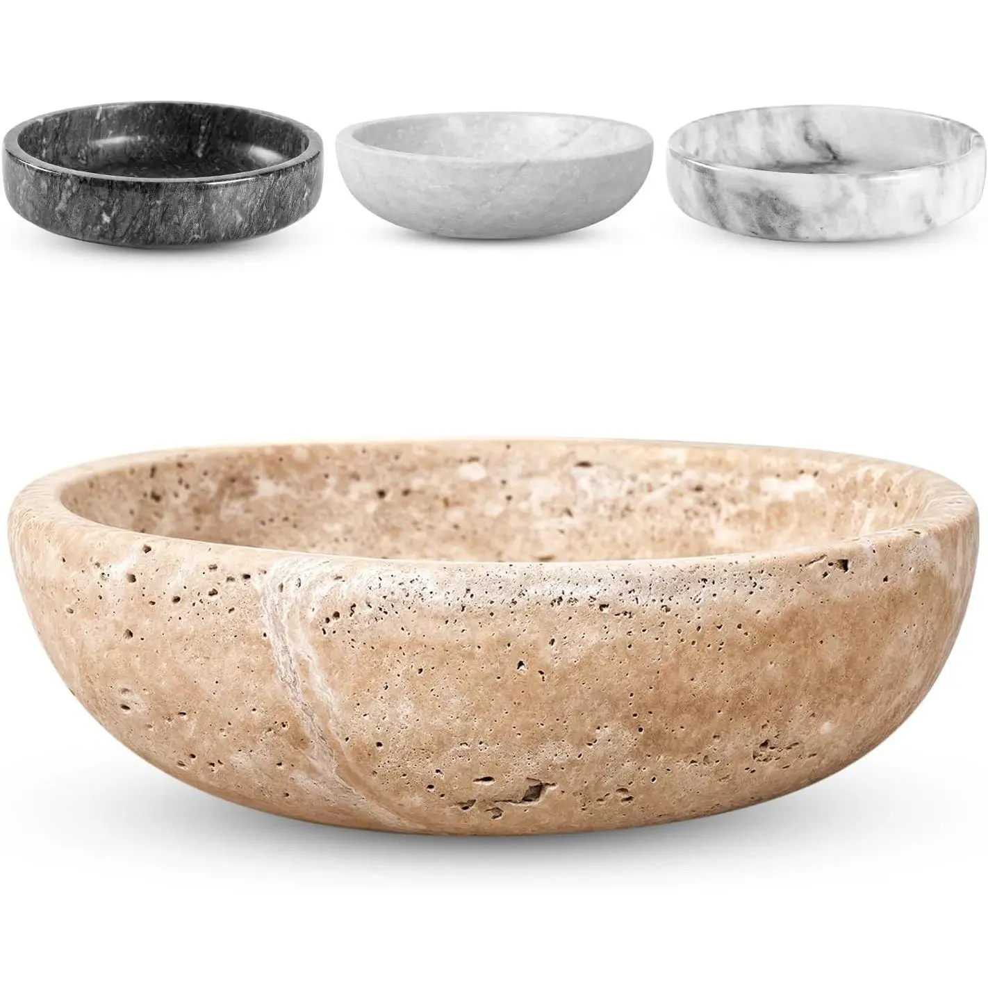 Travertine Decorative Tableware Bowl - 7.8in Diameter, 2in Height - Handmade Craft Entryway Key Bowl, Organic Modern Beige/Natural Centerpiece
