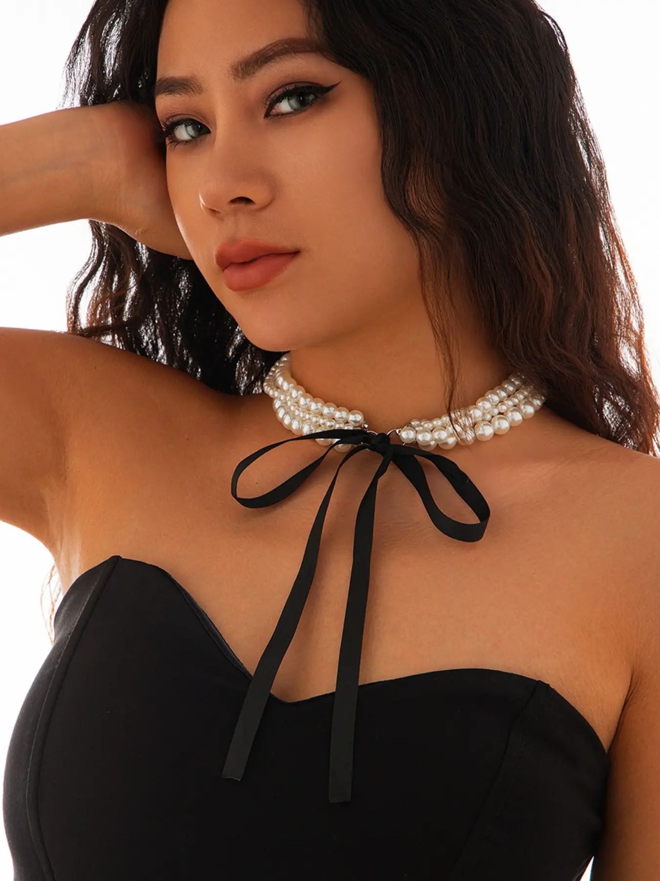 French Style Multi-Layer Pearl Ribbon Bow Choker Necklace, Soft Sweet Cool Fashion, Elegant Lockbone Chain, Trendy Accessory