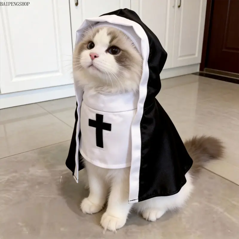 2026 Pet Nun Costume for Cats & Small Dogs, Funny Hooded Cape Cosplay Outfit Made of Soft Fabric, Cute Holiday Photo Prop, Available in S-M-L Sizes for Small and Medium Pets