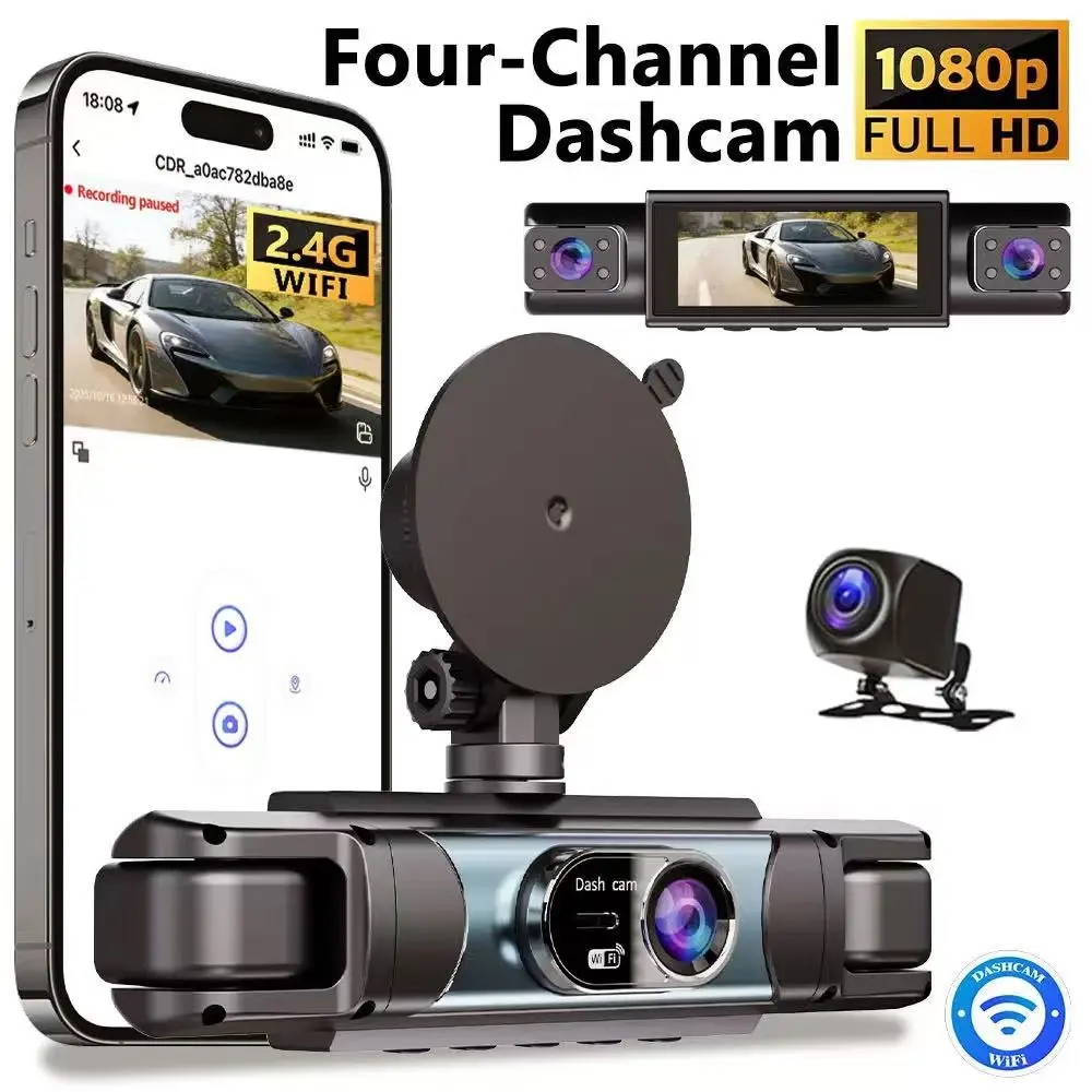 360 Degree Dash Cam, Front and Rear View, Four Channels, 5g Wi-Fi, Night Vision, Wide Angle Lens, 24/7 Parking Monitor, Includes 64GB SD Card