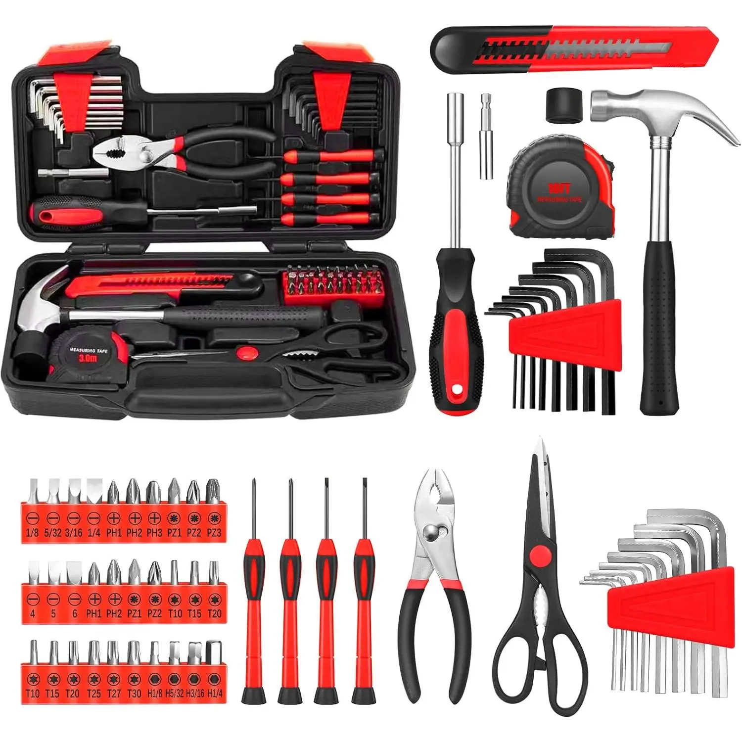 58-Piece Tool Kit Basic Home Repair Tool Set, General Household Hand Tool Kit, Small Tool Kit with Plastic Toolbox Mini Tool kit for Women, Office & College Repairs Red