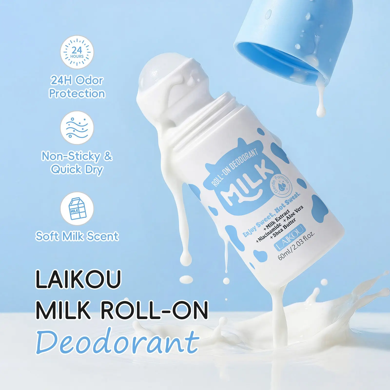 Milk Deodorant Roll On 60g ， Natural Long Lasting Odor Control Antiperspirant ， Aluminum Free Gentle Formula for Sensitive Skin ， Travel Portable for Gym Outdoor Sports