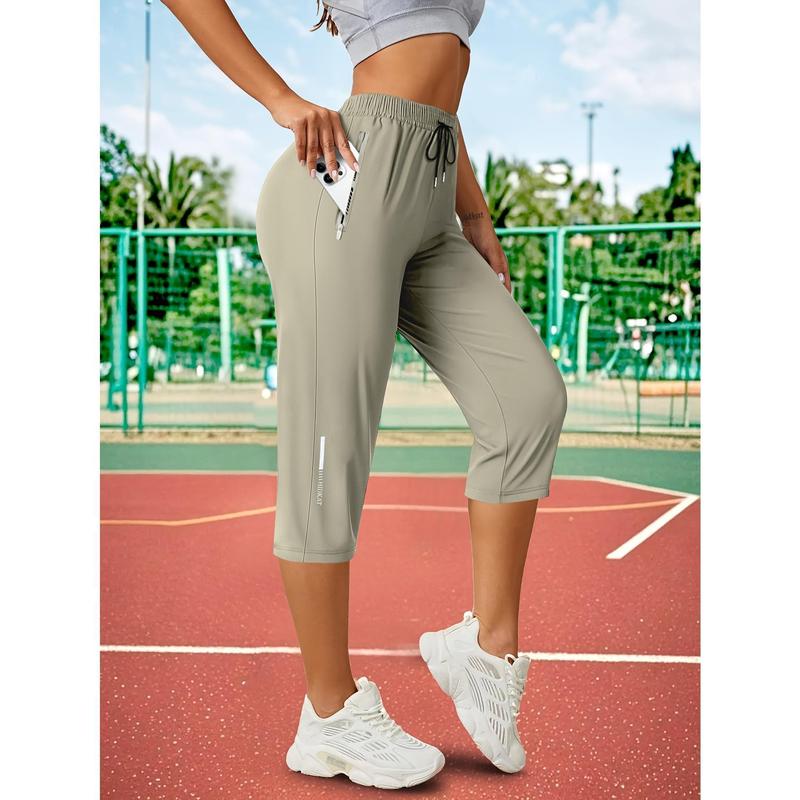 2026 New Summer Women's Cropped Pants Casual Outdoor Ice Silk Breathable Sports Sweat Absorbing Quick Drying Sports Shorts with High Elasticity and Zipper Pocket Design for Fitness Training Pants