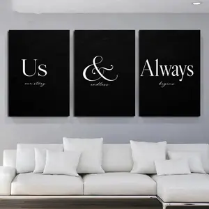 Black and White Love Quote Triptych Canvas Wall Art, Minimalist Couple Typography Print Set, Romantic Bedroom Living Room Wedding Decor, Available as Unframed Canvas Poster or Framed Canvas Wrap