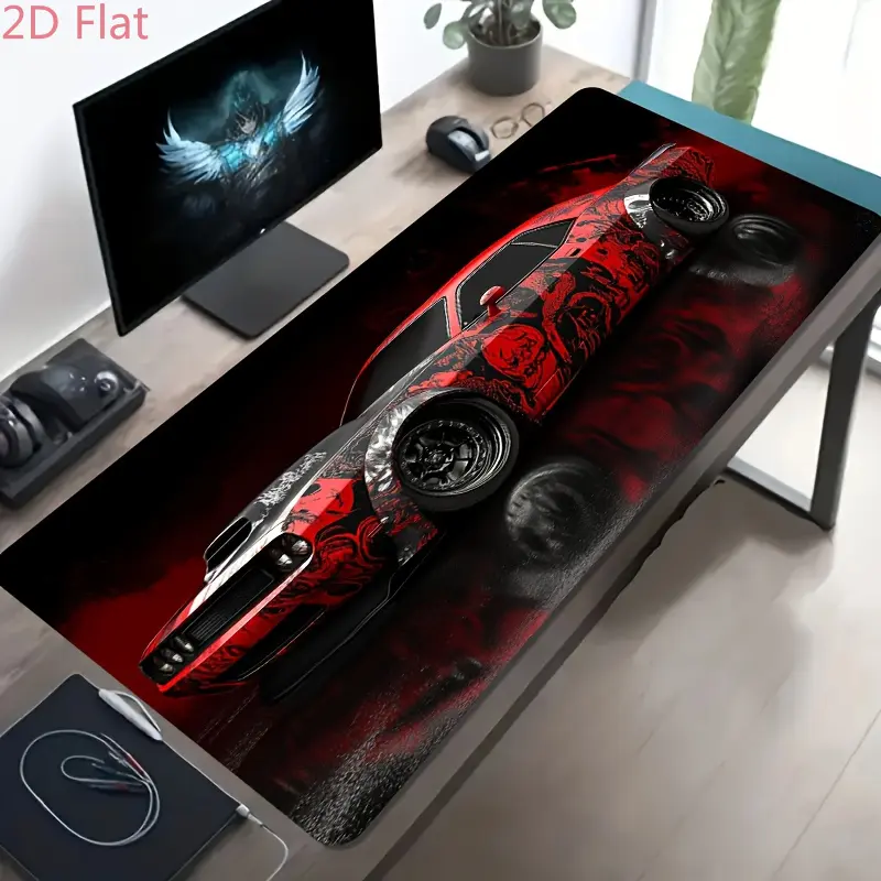 2D Minimalist Gaming Mouse Pad - Red and Black Cool Modified Car Pattern, Natural Rubber Non-Slip Bottom, Smooth Tracking, Desktop & Computer Decoration Mat
