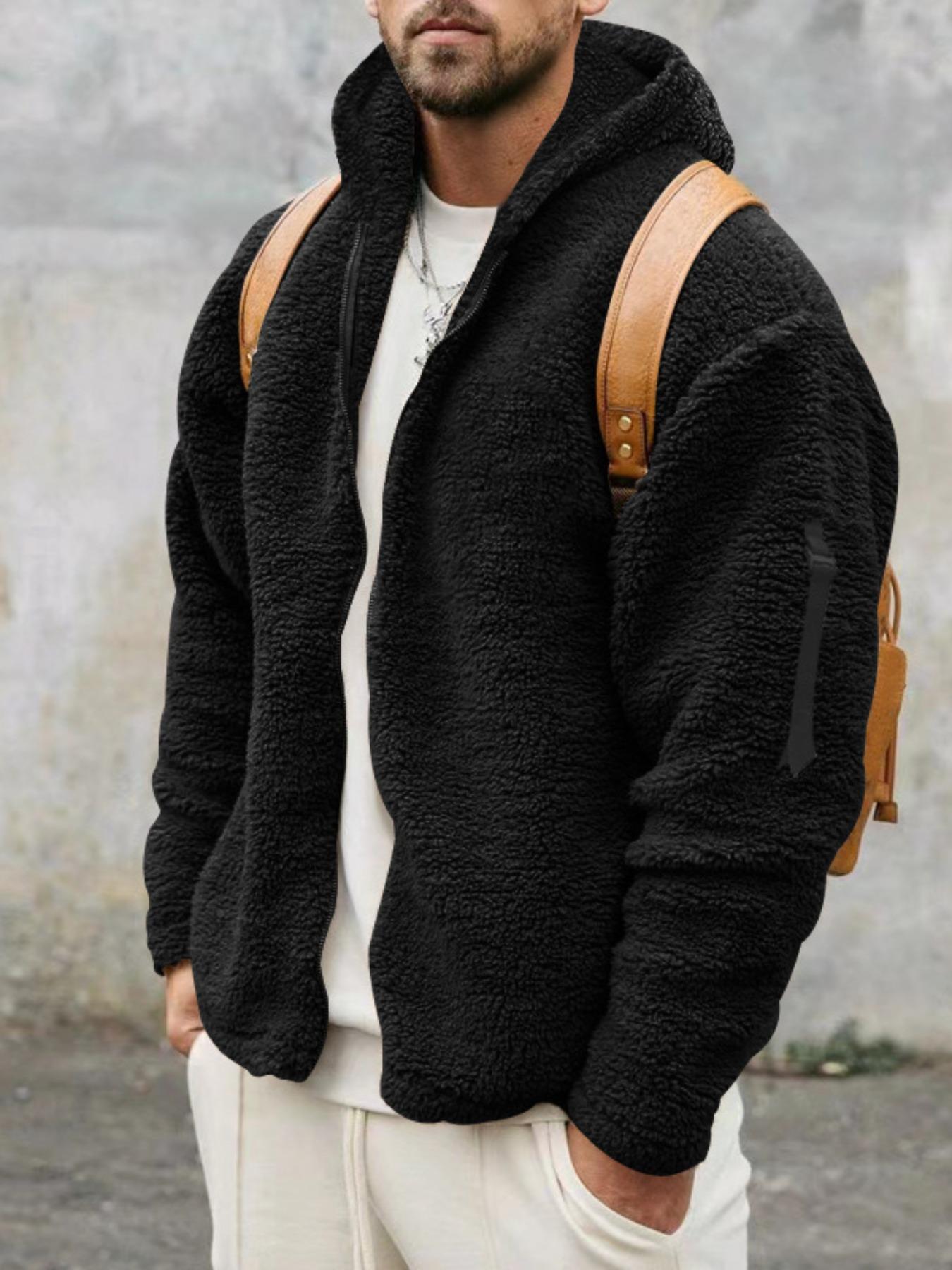 Men's Windproof Thermal Jacket, Loose-Fit Hooded Casual Outerwear, Dual-Sided Velvet Warm Coat for Fall & Winter Seasons