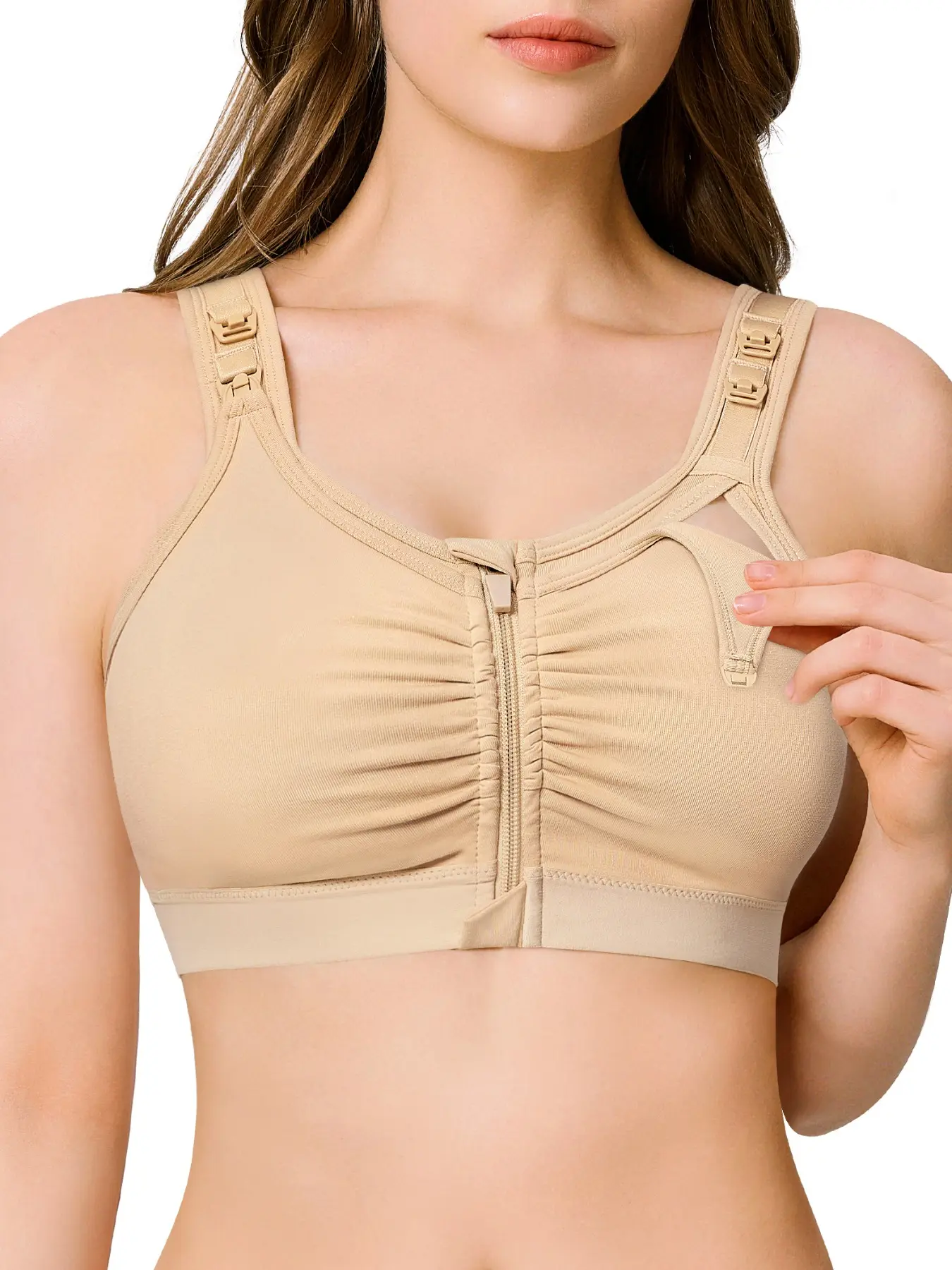 Postpartum Nursing Bra, Maternity Wireless Bra with Wide Straps, Breathable Cotton, Front Zipper Design, Shoulder Button Hole, Window Style Privacy Protection, Maternity Bras for Breastfeeding