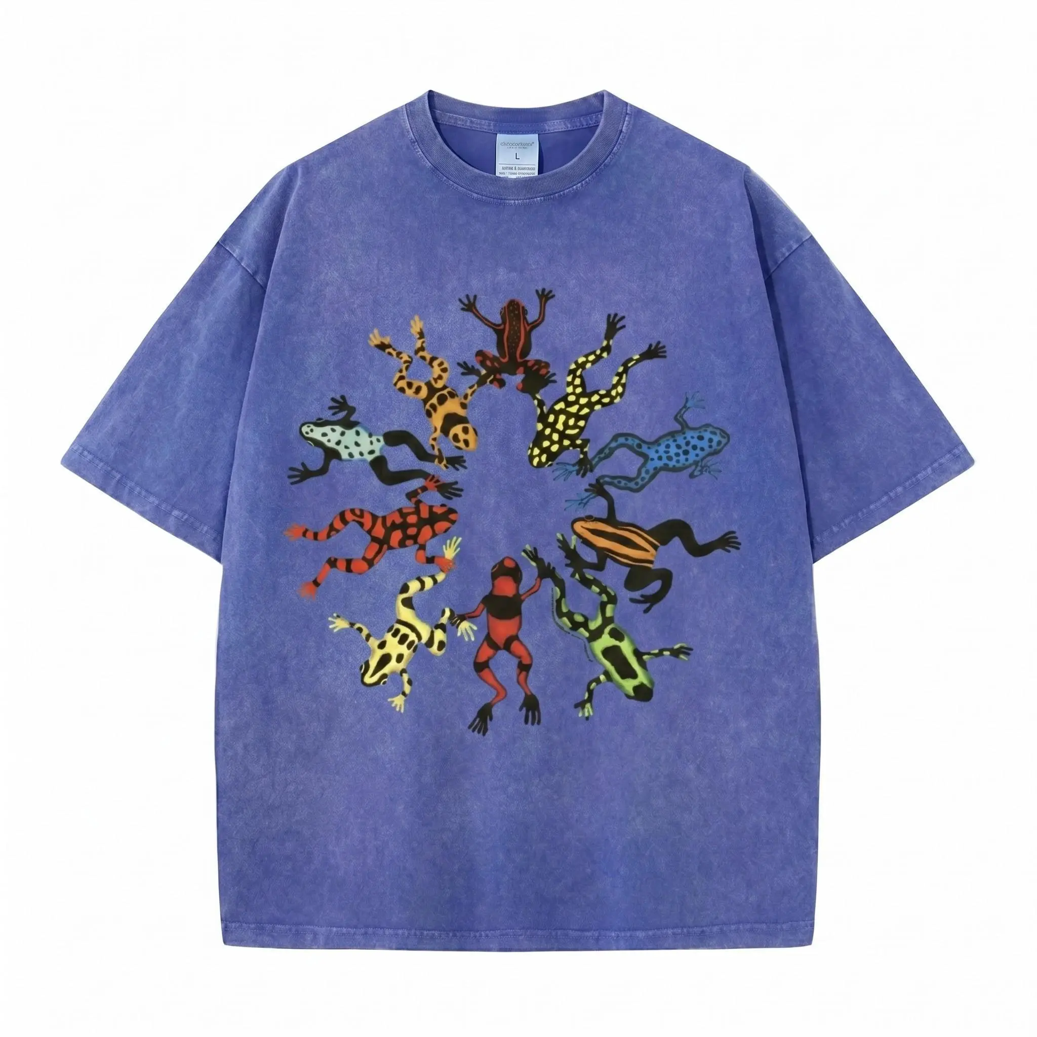 Washed, Dancing Frog Feast Print T-shirt, High-quality Batik Vintage Fashion Brand T-shirt, Unisex T-shirt, Popular Daily Wear T-shirt, Holiday Gift, Perfect Present
